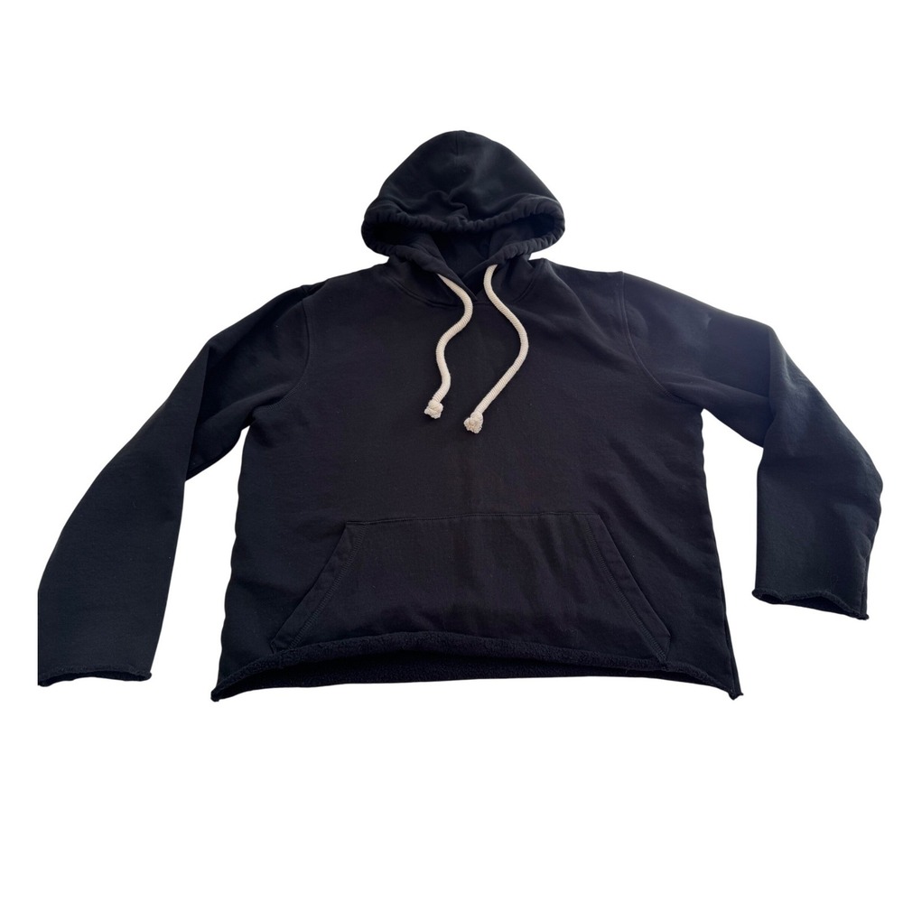 PACT Organic Cotton Raw Hem Hoodie Black Fleece Pullover Sweatshirt XS Cozy - Picture 2 of 7